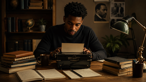 A young author typing on a vintage typewriter, surrounded by notebooks, symbolizing creativity and legacy