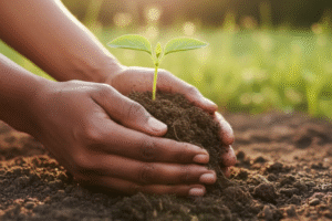 Hand planting a small green seedling in rich soil