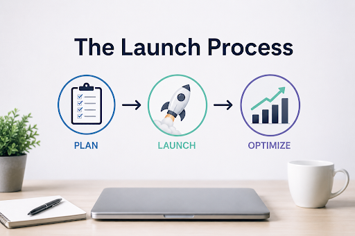 Visual diagram of launch planning steps starting from brainstorming to execution