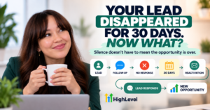 HighLevel lead reactivation workflow showing a cold lead moving from follow-up and no response to reactivation and a new opportunity.